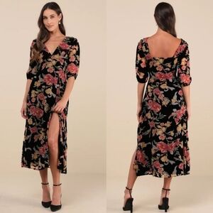 Lulus Gloriously Chic Black Floral Burnout Short Sleeve Midi Dress L